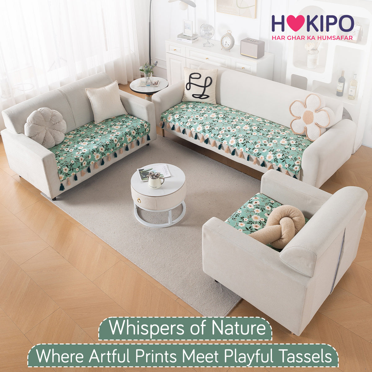 'Whispers of Nature' Series Holland Velvet Sofa Mat with Tassel, Sage Floral Vine