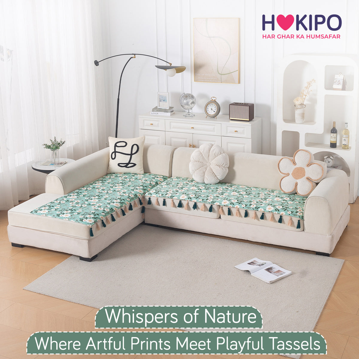 Whispers of Nature' Series Holland Velvet L Shape Sofa Cover Seat Mat with Tassels, Sage Floral Vine