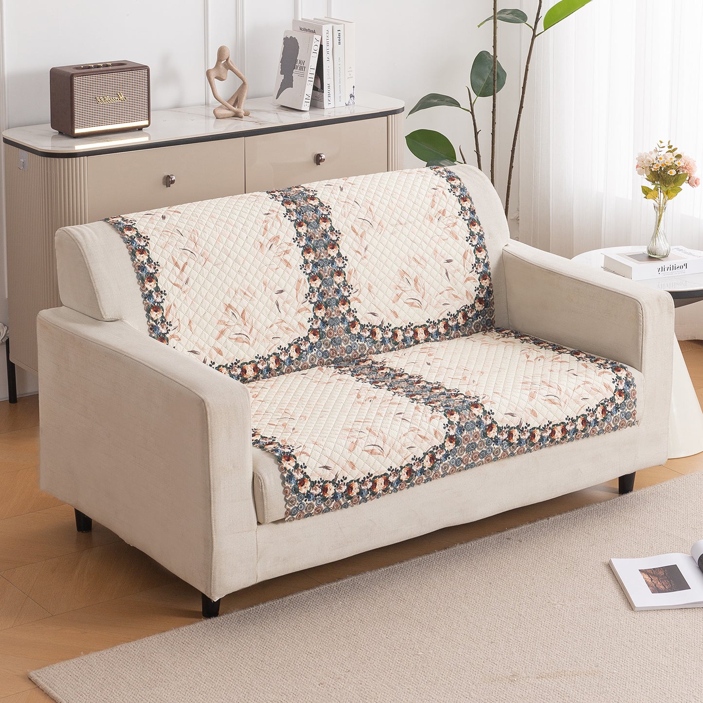 LoomVerse Quilted Sofa Cover Set Washable Sofa Panel for Seat & Back - Petal Harmony