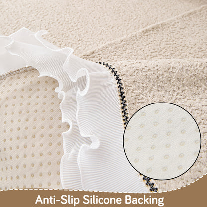 French Classic Frill Wavy Sofa Cover Mat with Curve & Lace - Champagne Beige