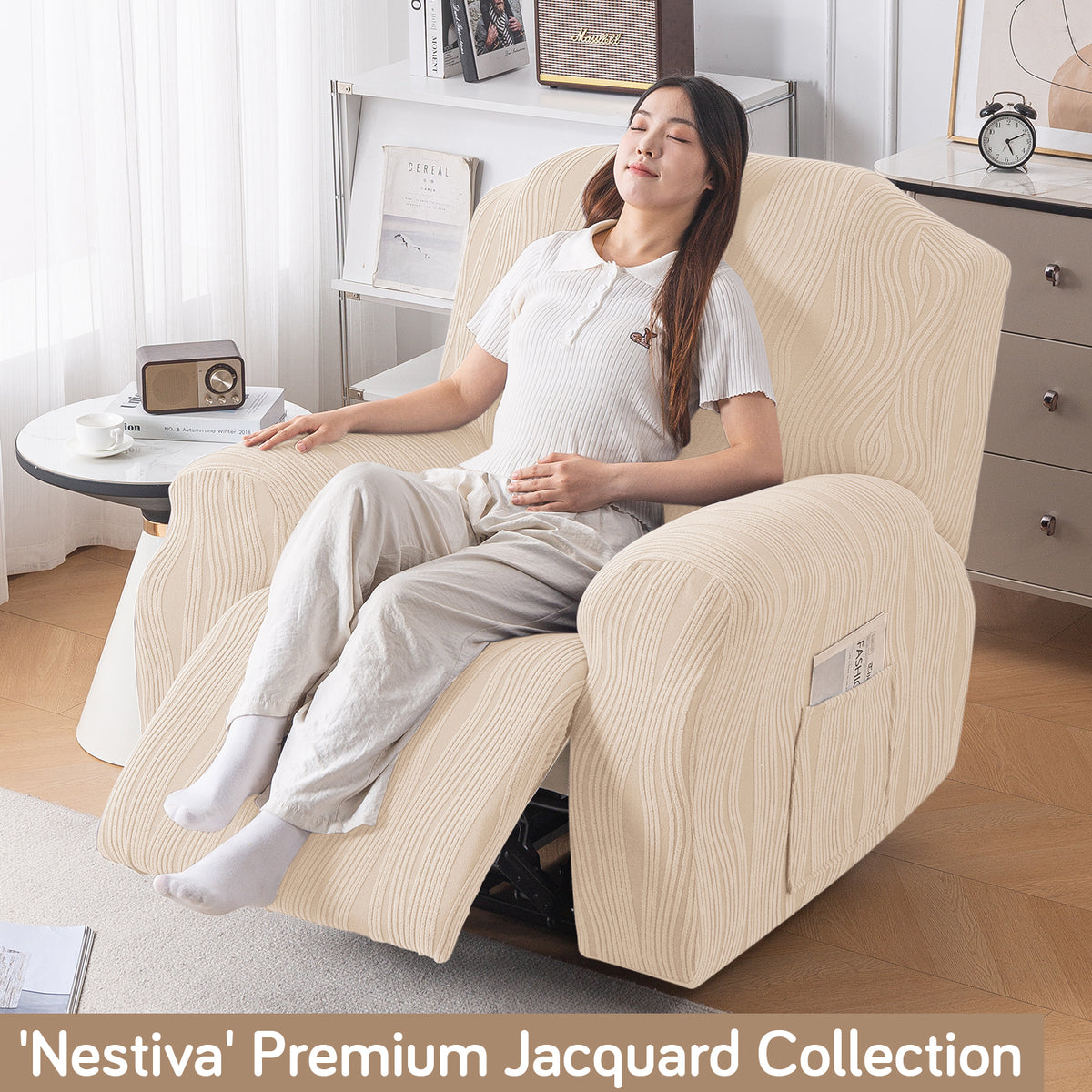 Buy Skimmed Cream Colour Nestiva series knitting jacquard recliner sofa cover​ - HOKIPO | Har Ghar ka Humsafar