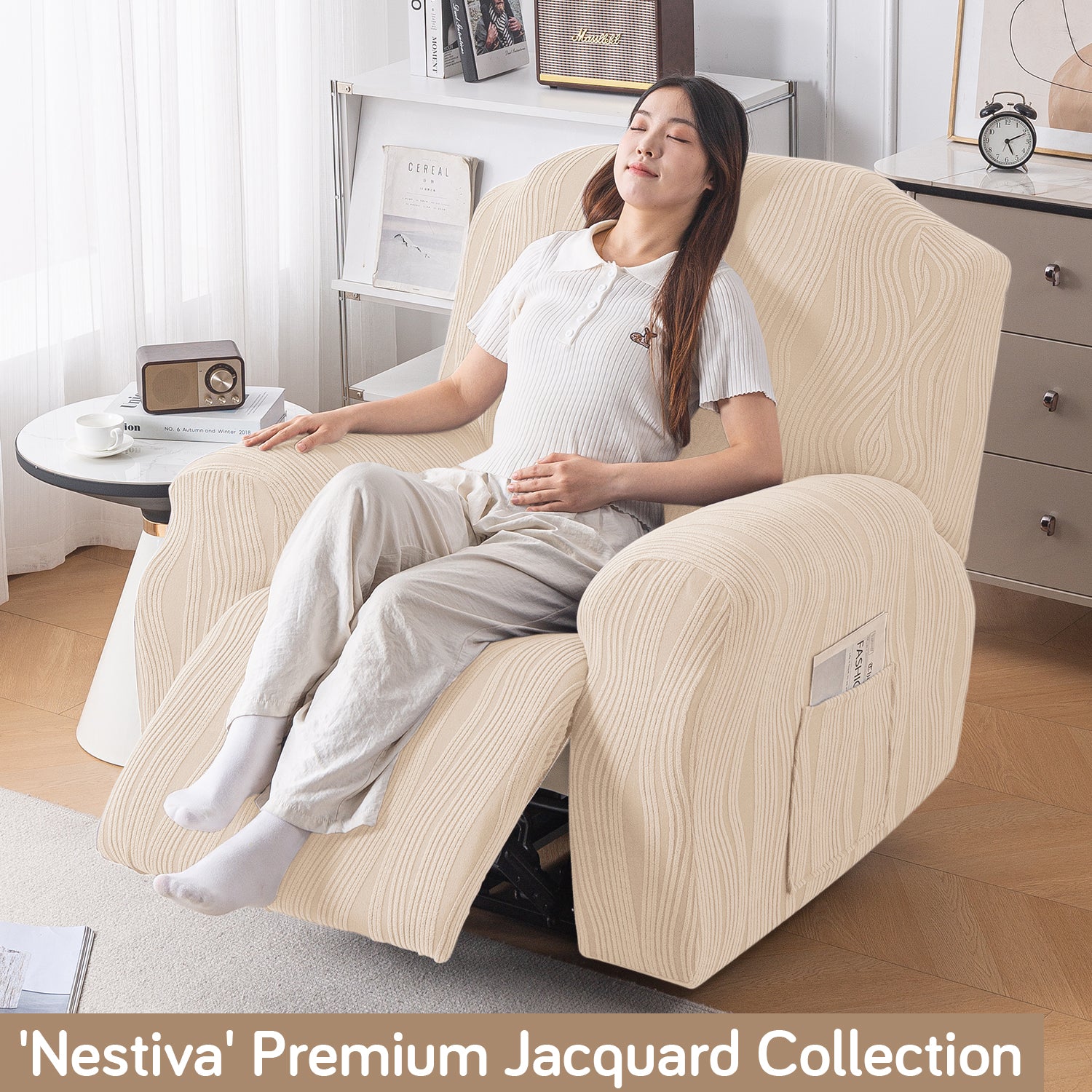 Buy Skimmed Cream Colour Nestiva series knitting jacquard recliner sofa cover​ - HOKIPO | Har Ghar ka Humsafar