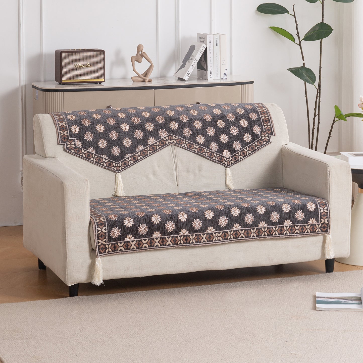 Heritage Weave Premium Jacquard Sofa Cover Set with Tassels - Graphite Grey