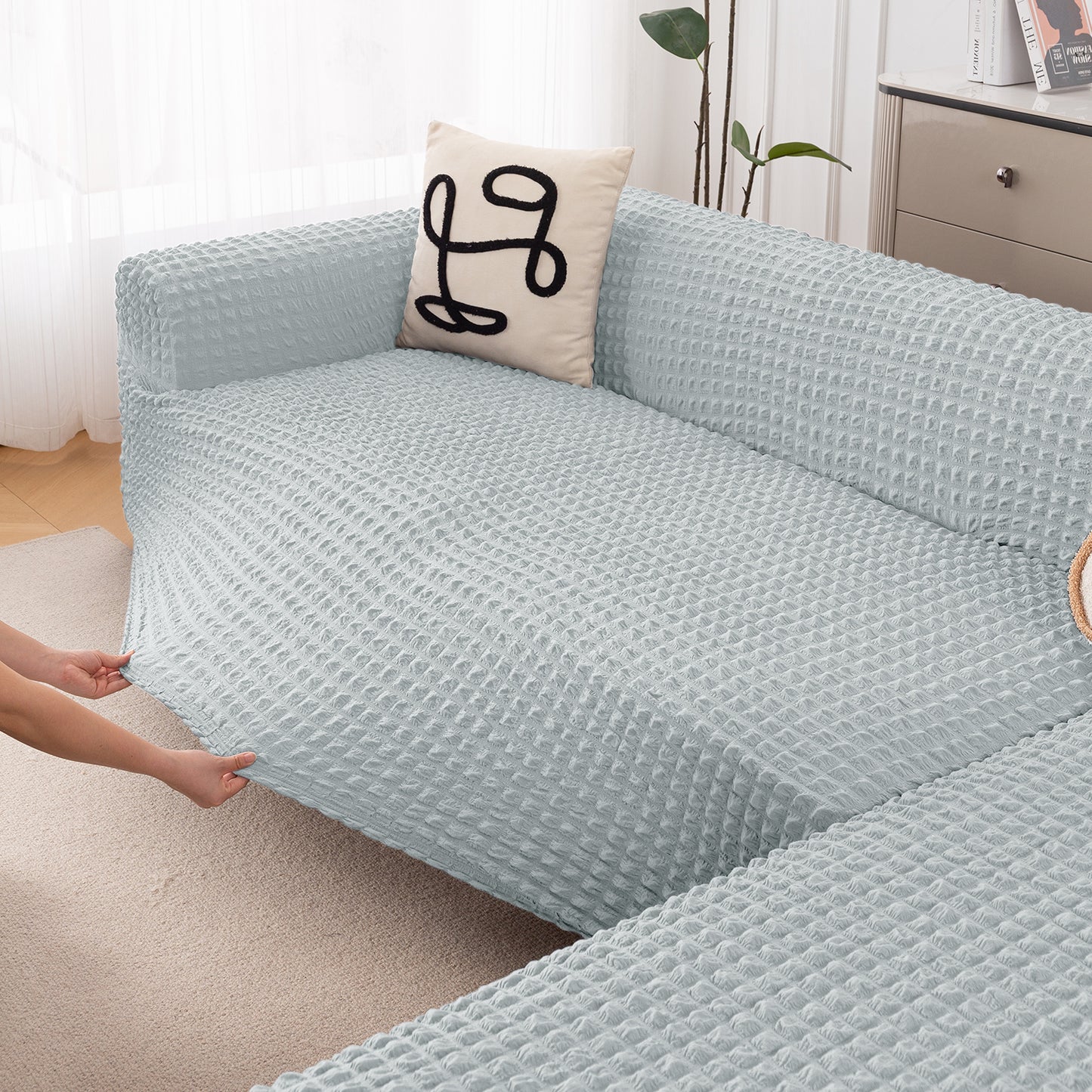 Aria Nova Bubble 2-Piece Stretchable L Shape Sofa Cover with Right Chaise, Light Grey