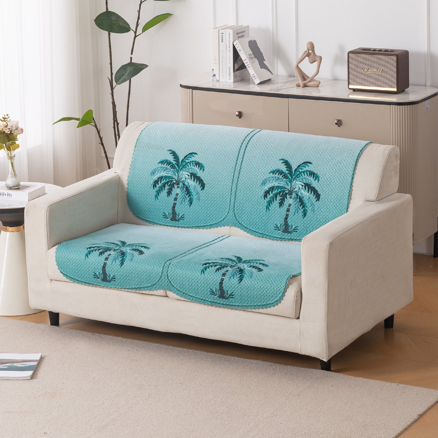 HeavenHue Fleece Soft Touch Quilted Sofa Cover Set Washable Sofa Panel for Seat & Back - Island Breeze