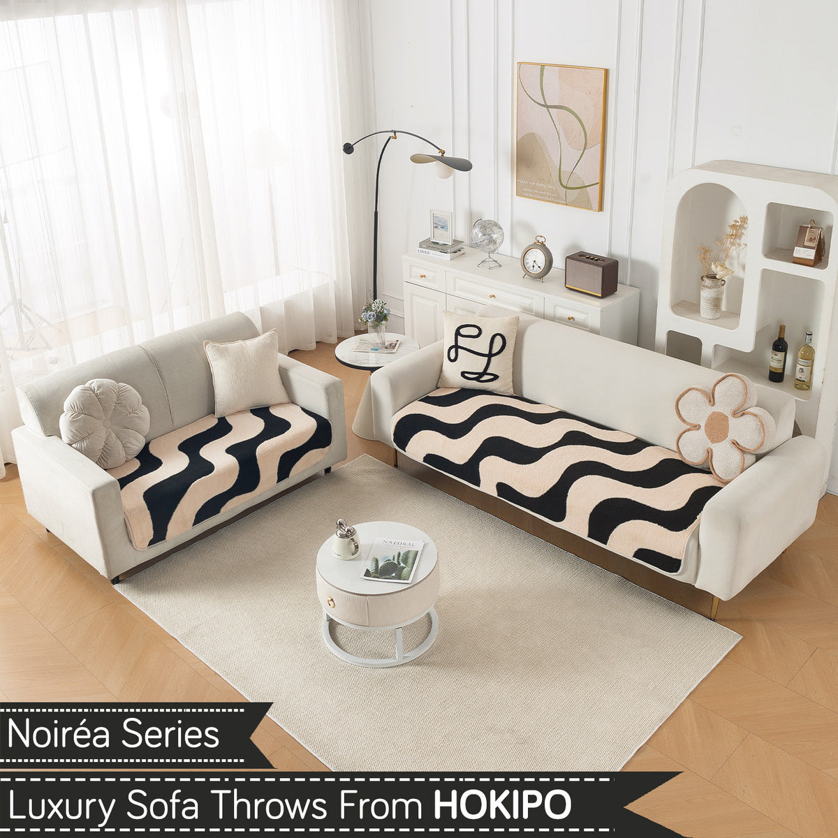 Luxury Plush Sherpa Anti Slip Combination Sofa Mat, 'Noirea Series'|Wavy Stripe