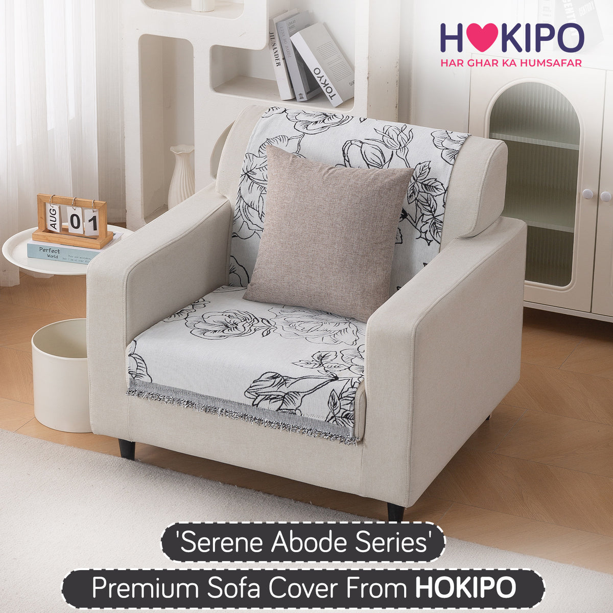 Premium 320 GSM Chenille Sofa Cover 'Serene Abode Series', White Rose Garden
