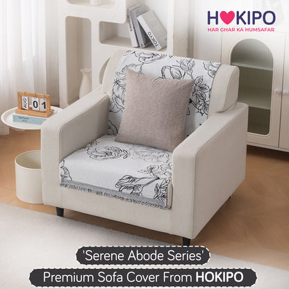 Premium 320 GSM Chenille Sofa Cover 'Serene Abode Series', White Rose Garden
