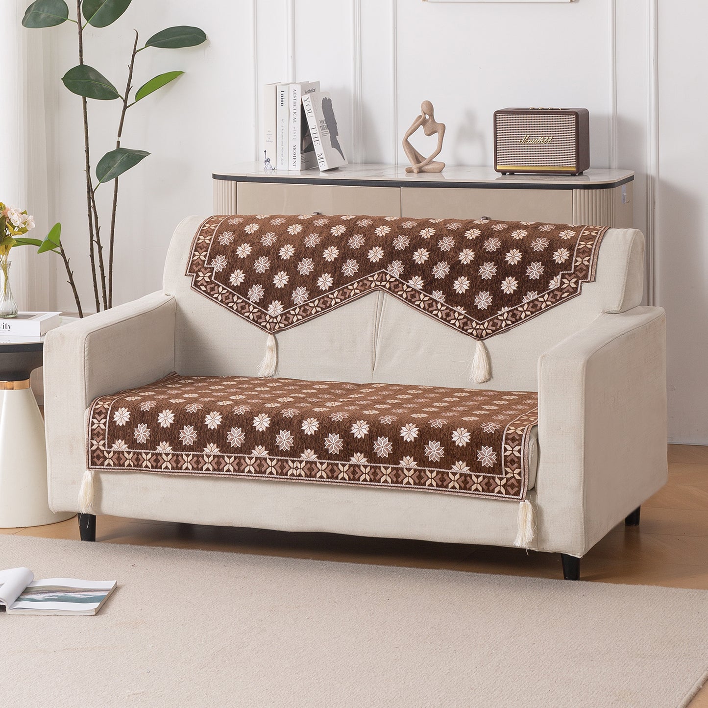 Heritage Weave Premium Jacquard Sofa Cover Set with Tassels - Russet Brown
