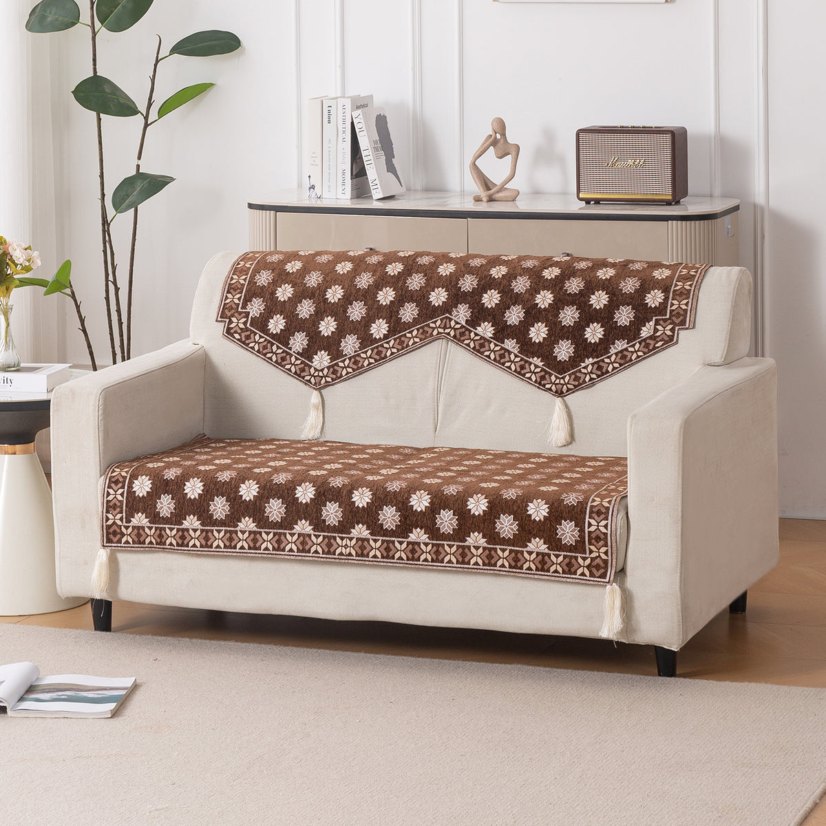 Heritage Weave Premium Jacquard Sofa Cover Set with Tassels - Russet Brown
