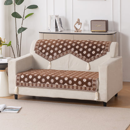 Heritage Weave Premium Jacquard Sofa Cover Set with Tassels - Russet Brown