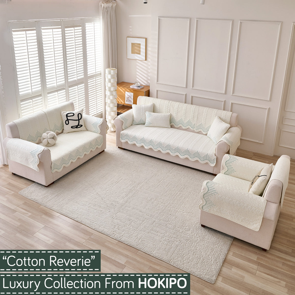 Cotton Reverie with a Curved Wavy Edge Sofa Mat, Greenish Cream