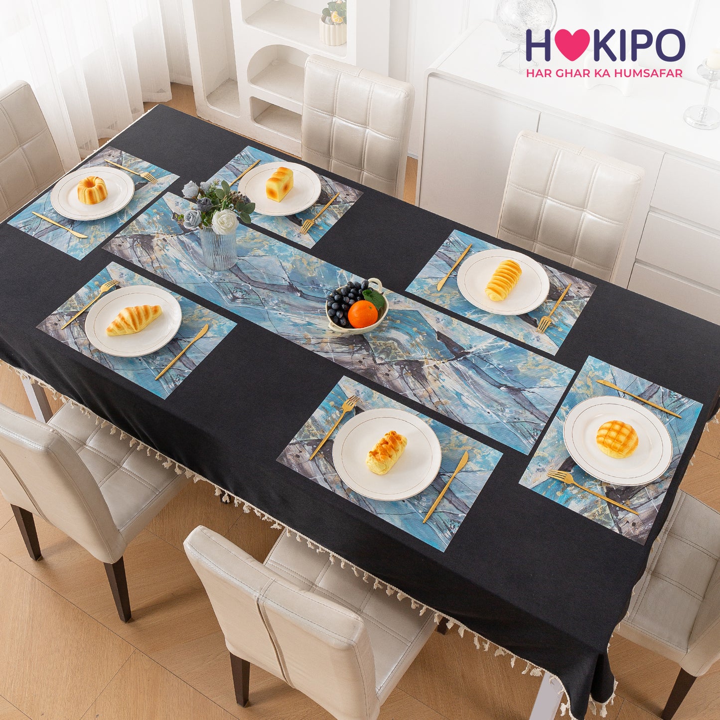 Marble Fusion PVC Mats for Dining Table, Artistic Stroke - Slate Blue