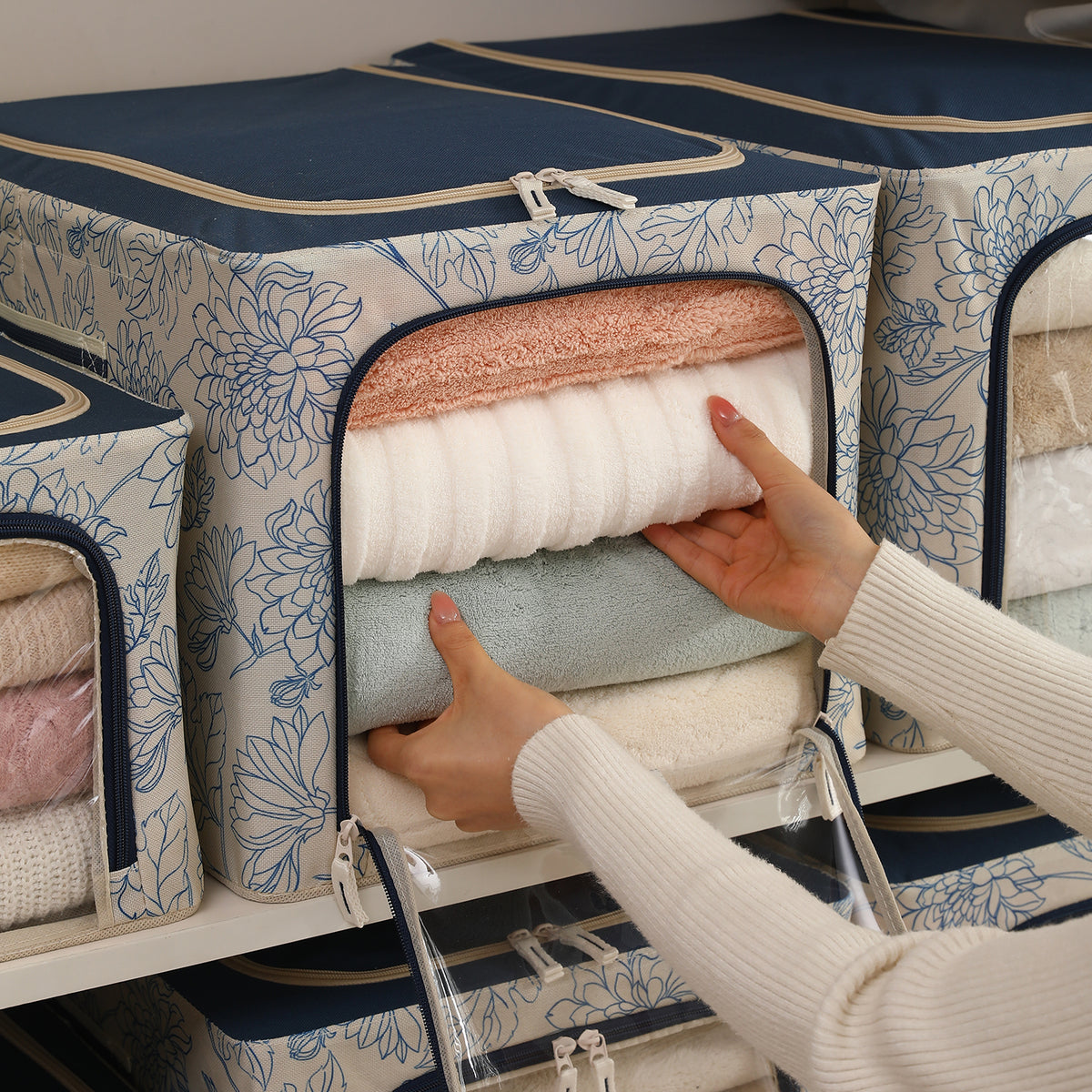 Foldable Cloth Storage Organizer for Wardrobe, Blue Blossom