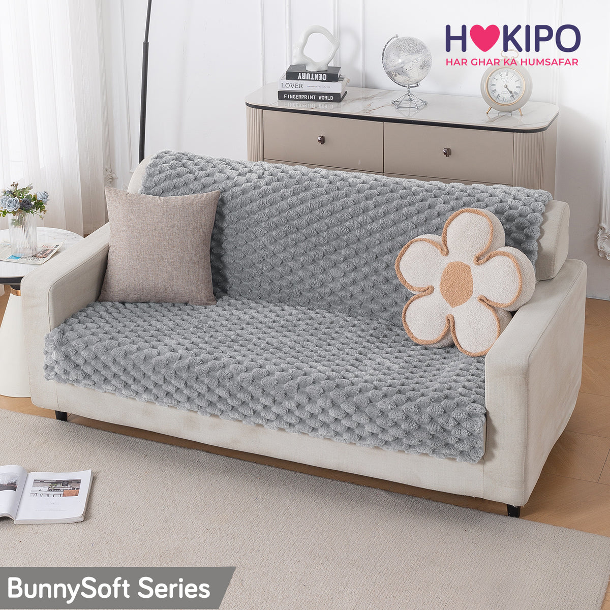 'BunnySoft Series' Plush Sofa Cover Throw for Sofa Seat & Back, Moon Grey