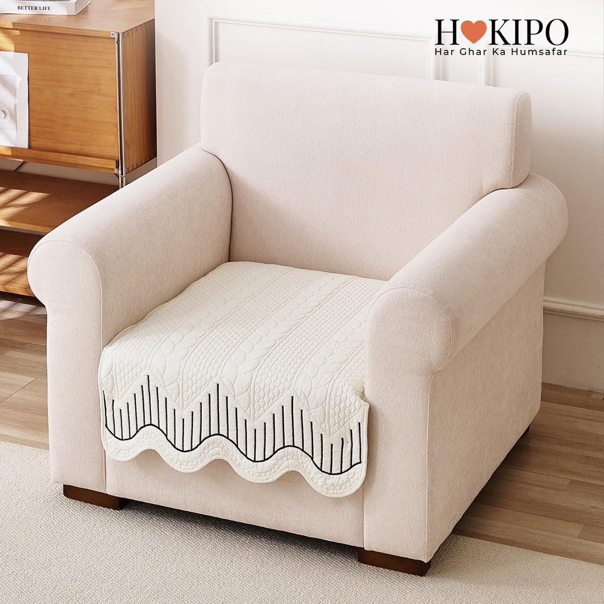 Cotton Reverie with a Curved Wavy Edge Sofa Mat, Midnight Cream