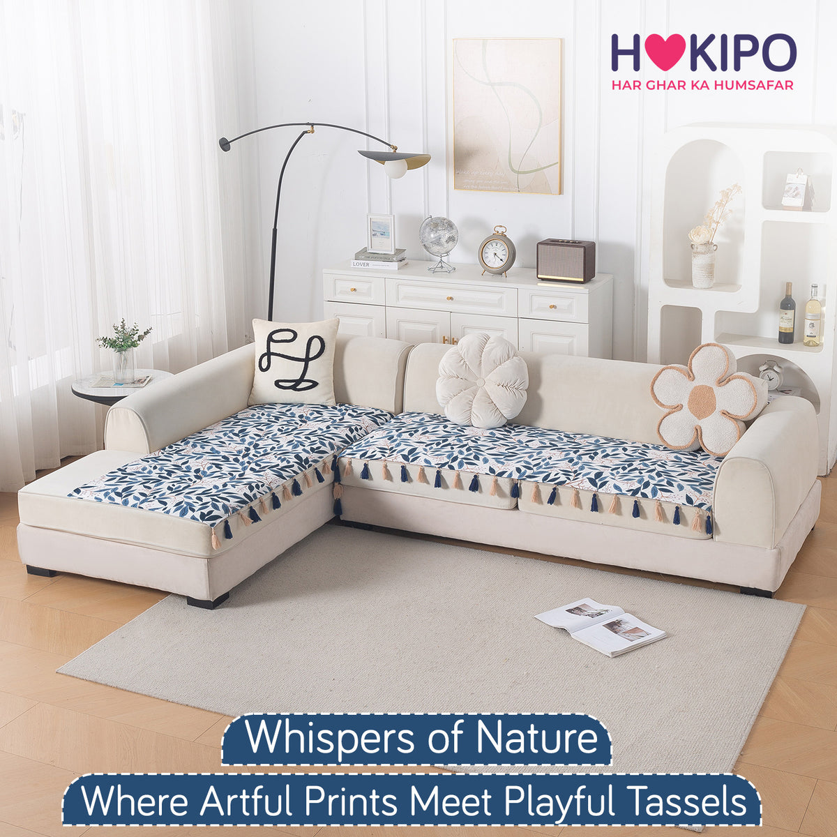 'Whispers of Nature' Series Holland Velvet L Shape Sofa Cover Seat Mat with Tassels, Indigo Foliage