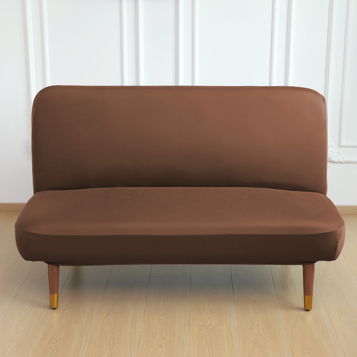SereneSolids Stretchable Elastic Armless Sofa Cover – 140 GSM, Futon Slipcover, Easy Fit, Brown