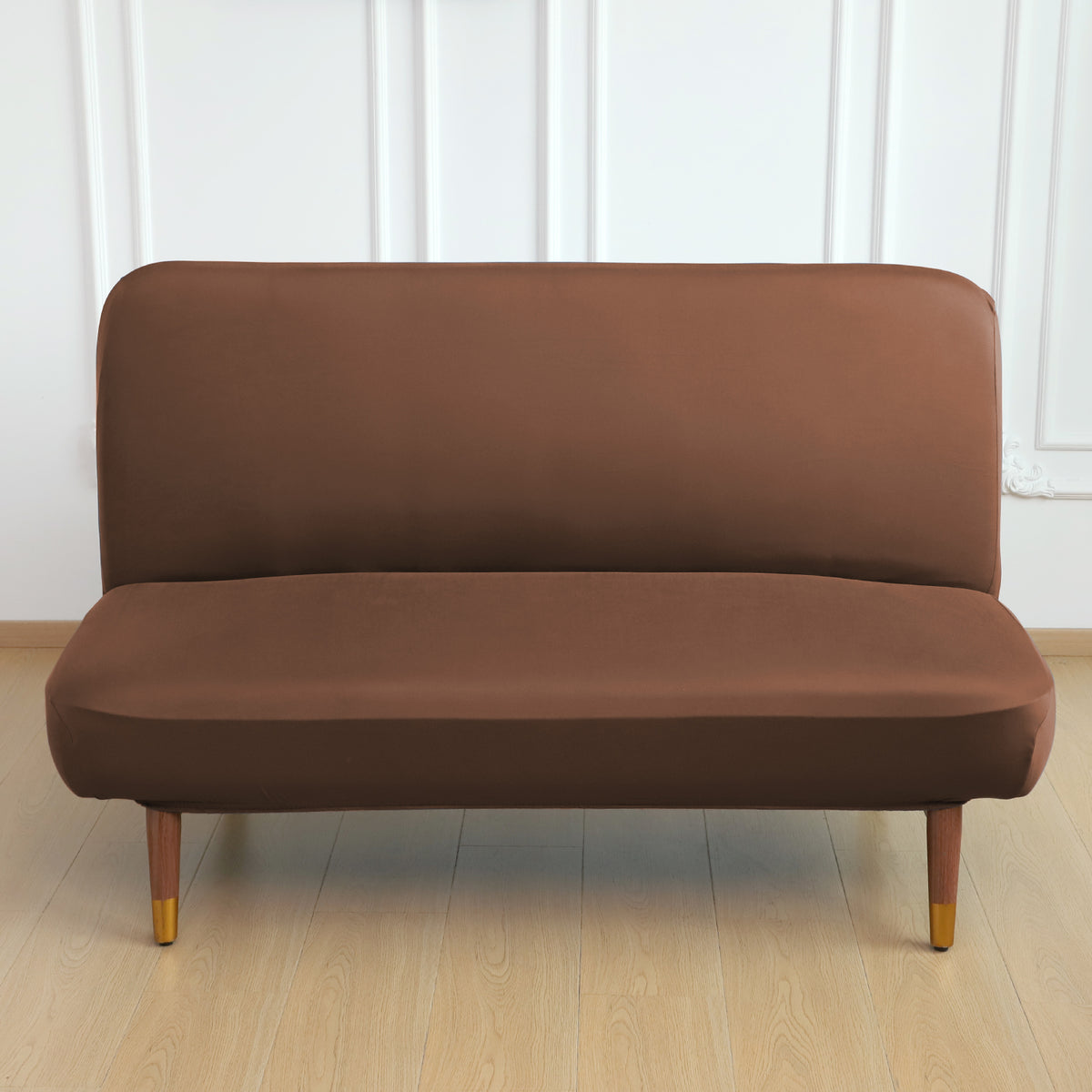 SereneSolids Stretchable Elastic Armless Sofa Cover – 140 GSM, Futon Slipcover, Easy Fit, Brown