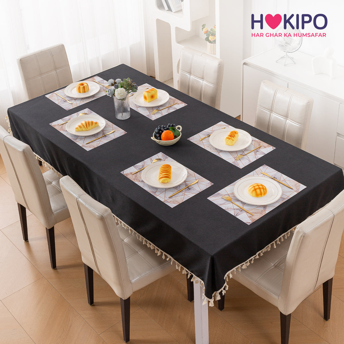 Marble Fusion PVC Mats for Dining Table, Angular Aura - Cream Gold