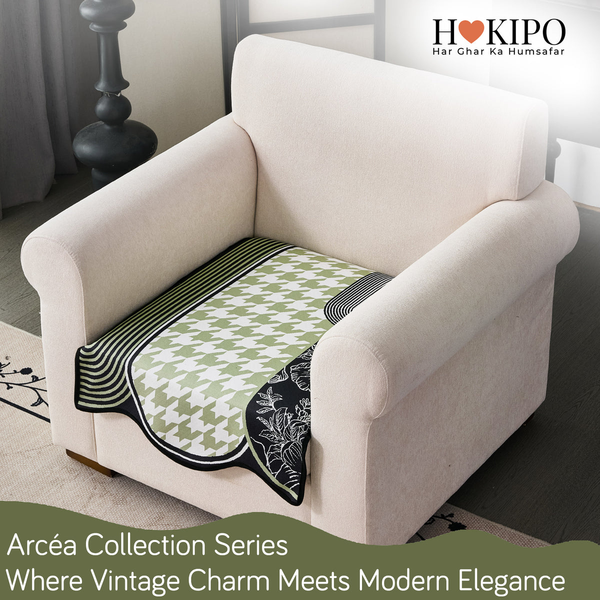 Arcea Chenille With Curved Edges Sofa Cover Mat, Sage Curve
