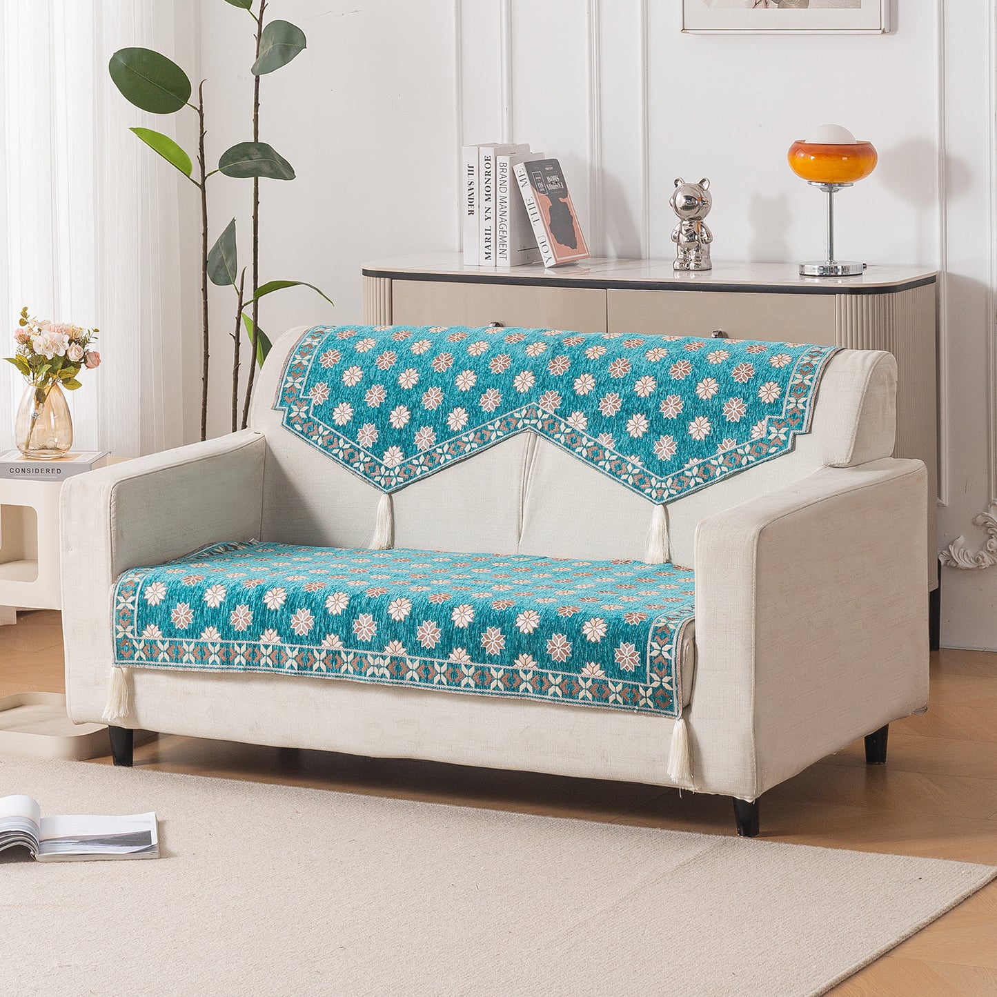 Heritage Weave Premium Jacquard Sofa Cover Set with Tassels - Emerald Teal
