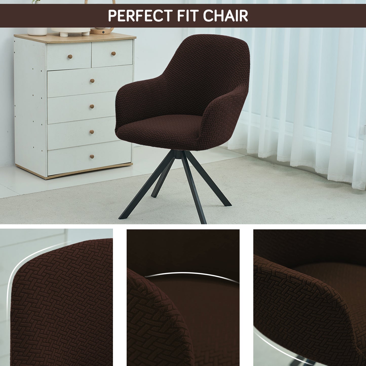 Premium Jacquard Fully Covered Cover for Swivel Dining Chair with Arms, Chocolate Brown
