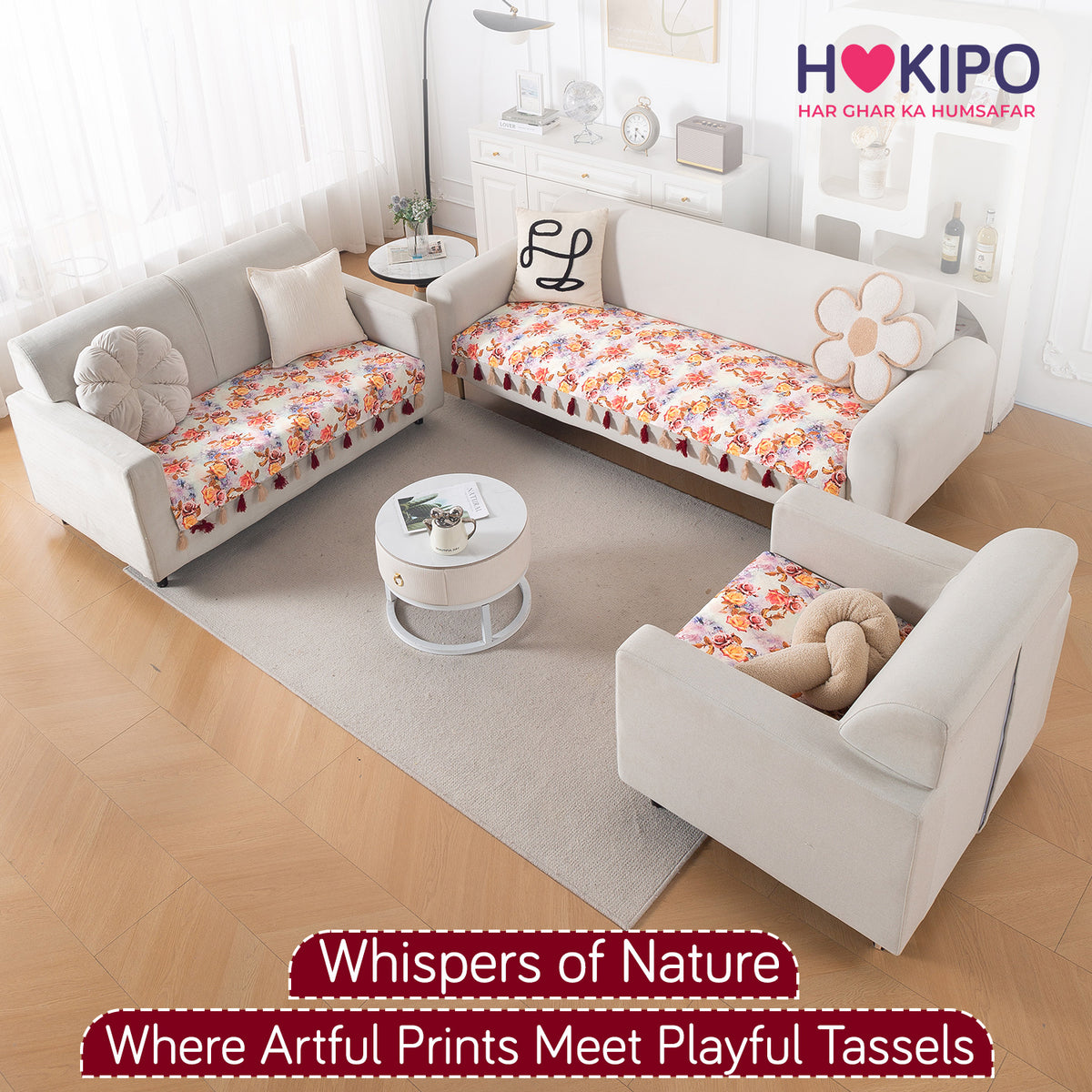 'Whispers of Nature' Series Holland Velvet Sofa Mat with Tassel, Vintage Rose Bloom