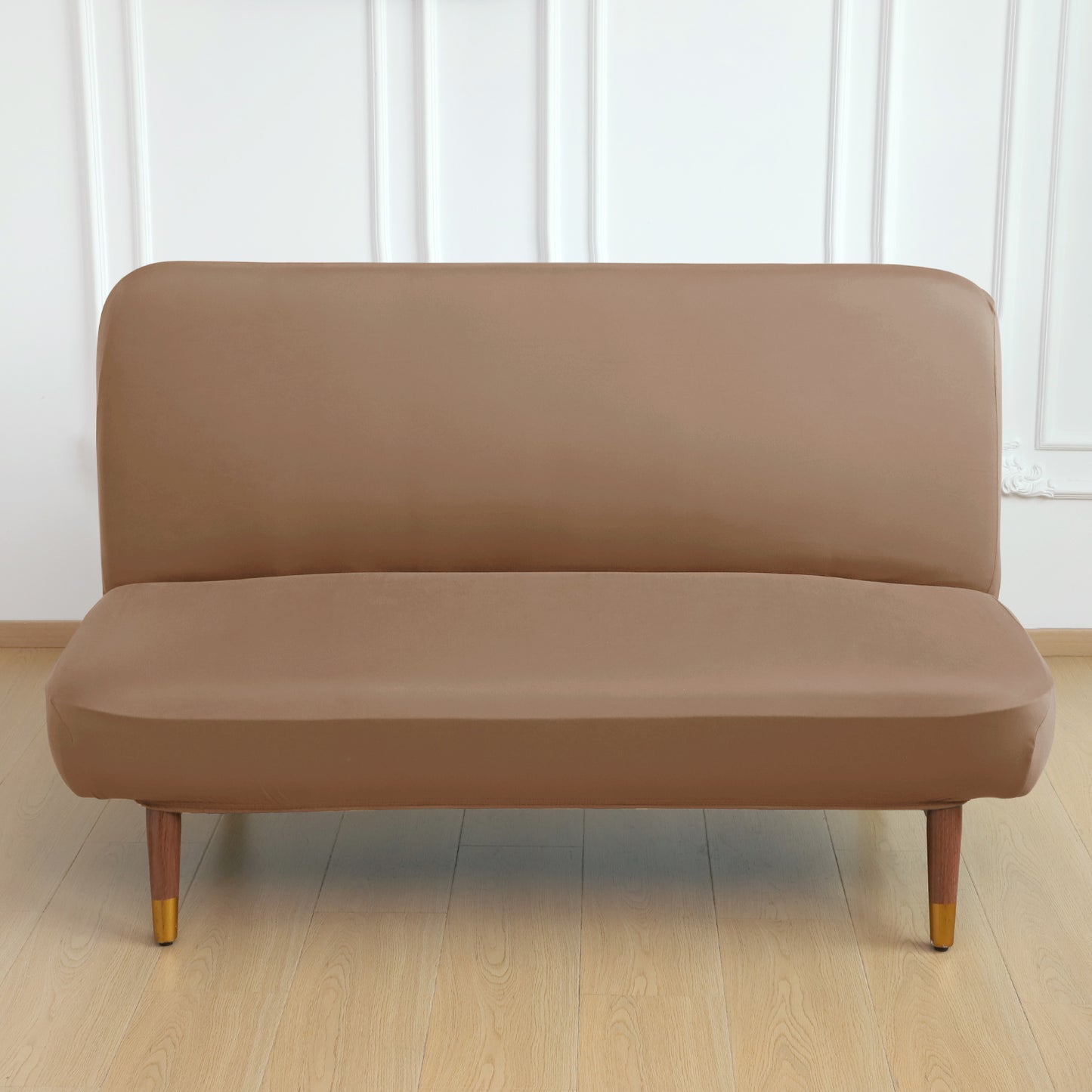 SereneSolids Stretchable Elastic Armless Sofa Cover – 140 GSM, Futon Slipcover, Easy Fit, Dark Camel