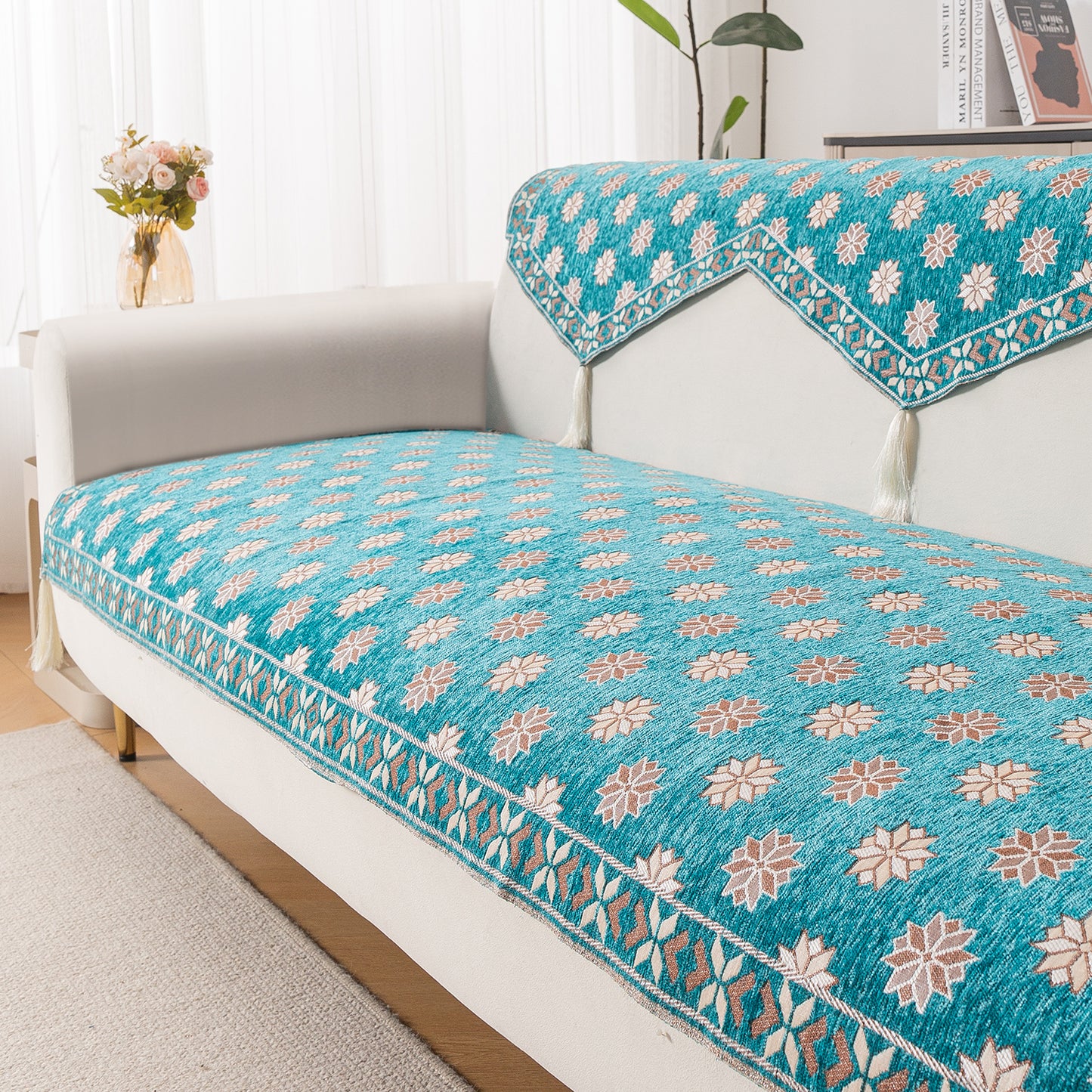 Heritage Weave Premium Jacquard Sofa Cover Set with Tassels - Emerald Teal