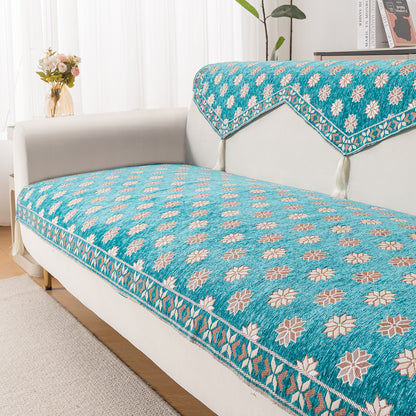 Heritage Weave Premium Jacquard Sofa Cover Set with Tassels - Emerald Teal