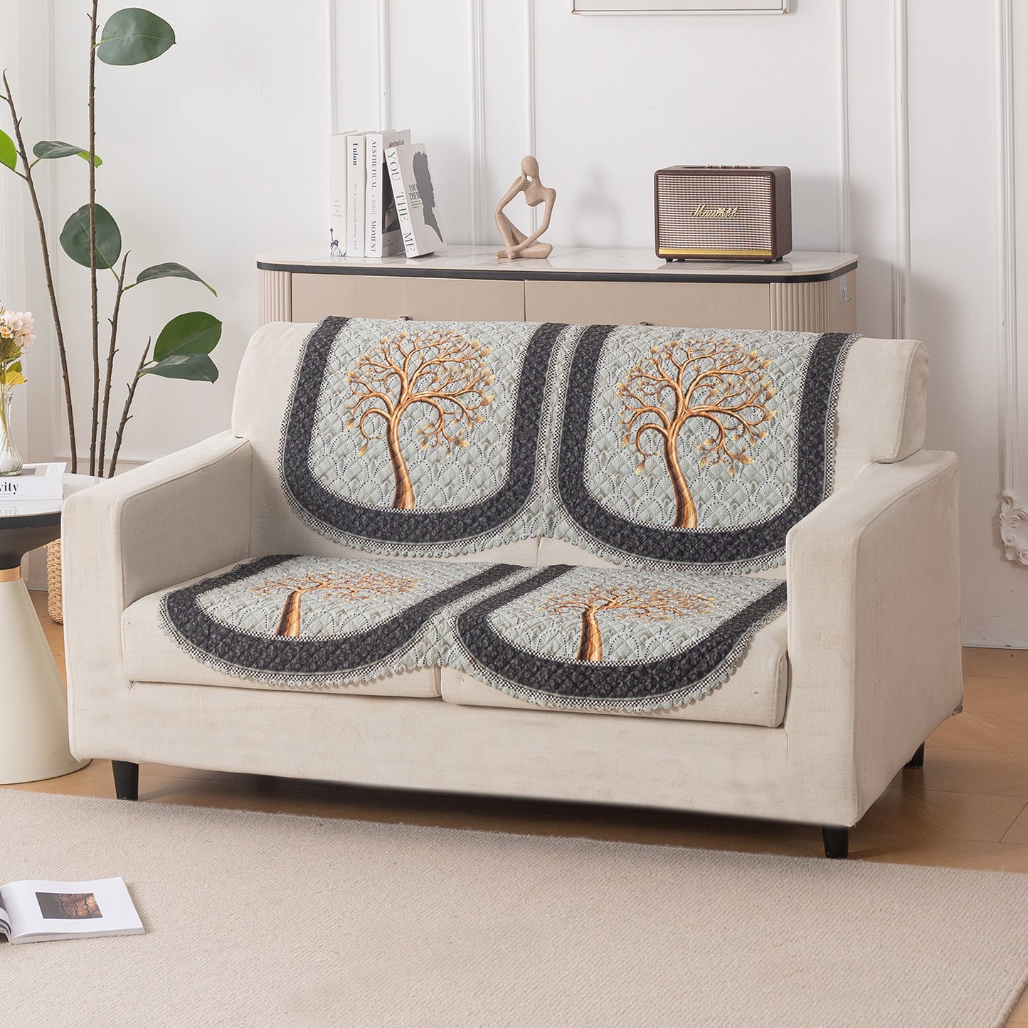 LoomVerse Quilted Sofa Cover Set Washable Sofa Panel for Seat & Back - Tranquil Tree