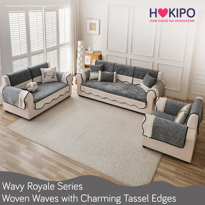 Thick Woven Weave Chenille Sofa Cover with Tassel|'Wavy Royale Series' Moon Grey