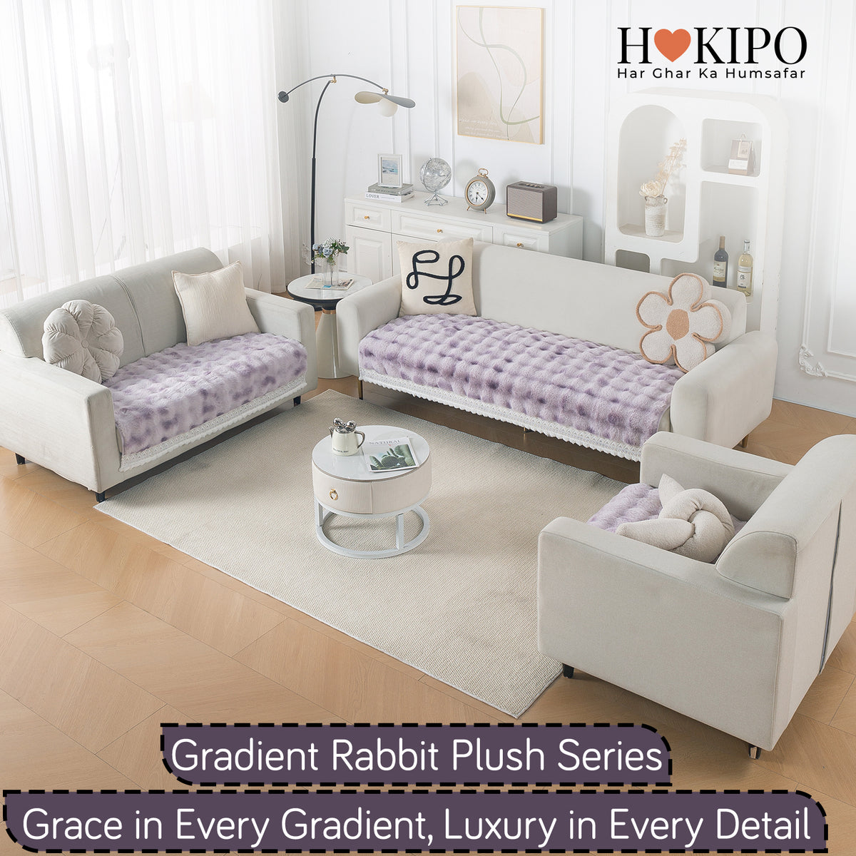 Faux Rabbit Fur Sofa Cover with Lace |Gradient Rabbit Plush, Violet