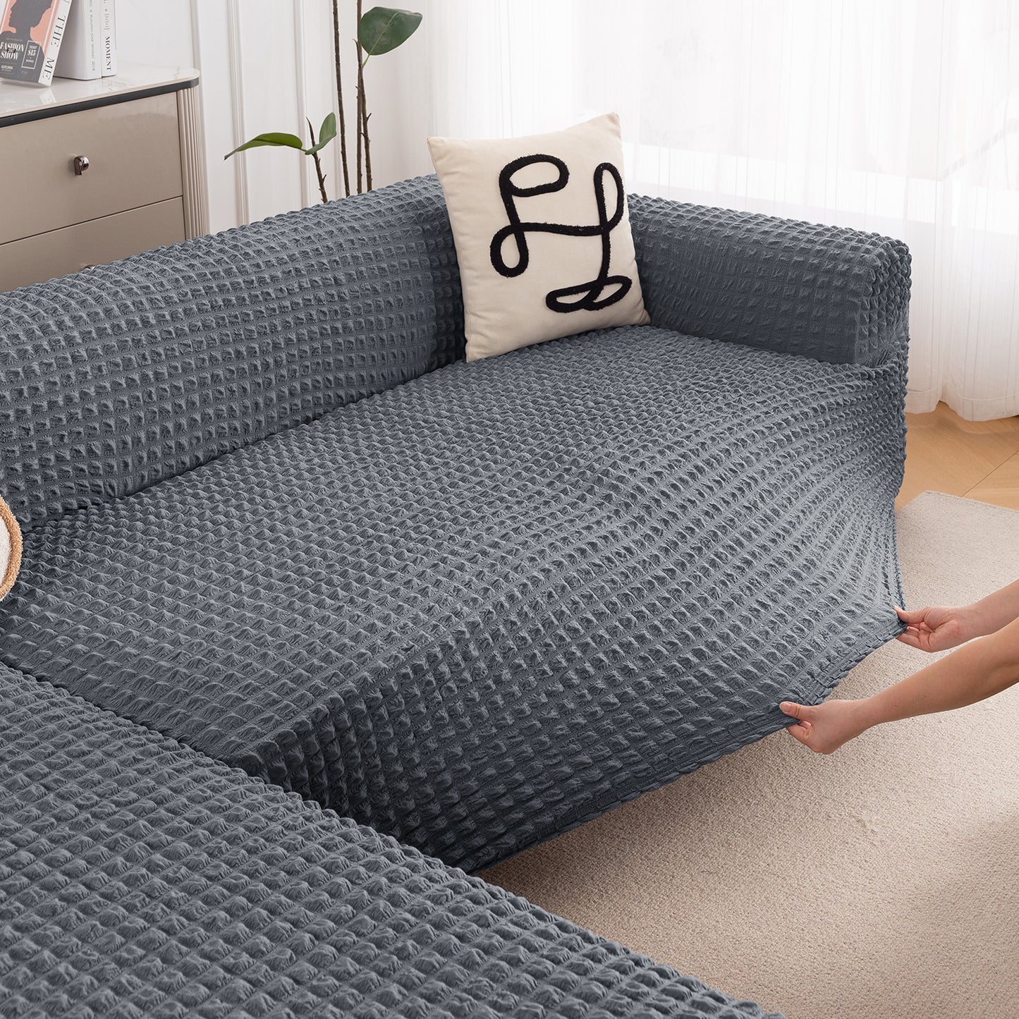Aria Nova Bubble 2-Piece Stretchable L Shape Sofa Cover with Left Chaise, Dark Grey