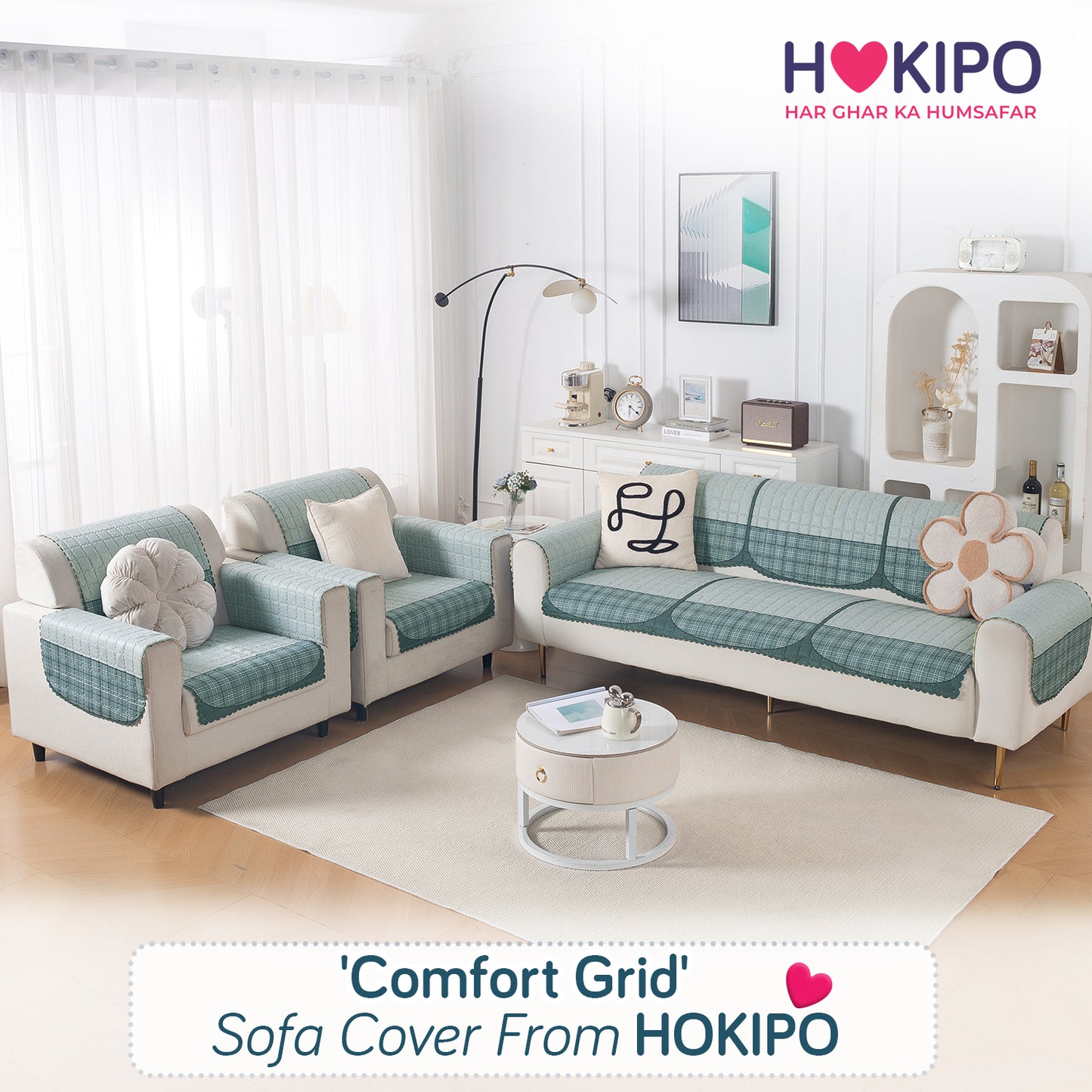 'Comfort Grid Series' Premium Quilted 5 (3+1+1) Seater Sofa Cover Set with Foam Filling | Gentle Blue