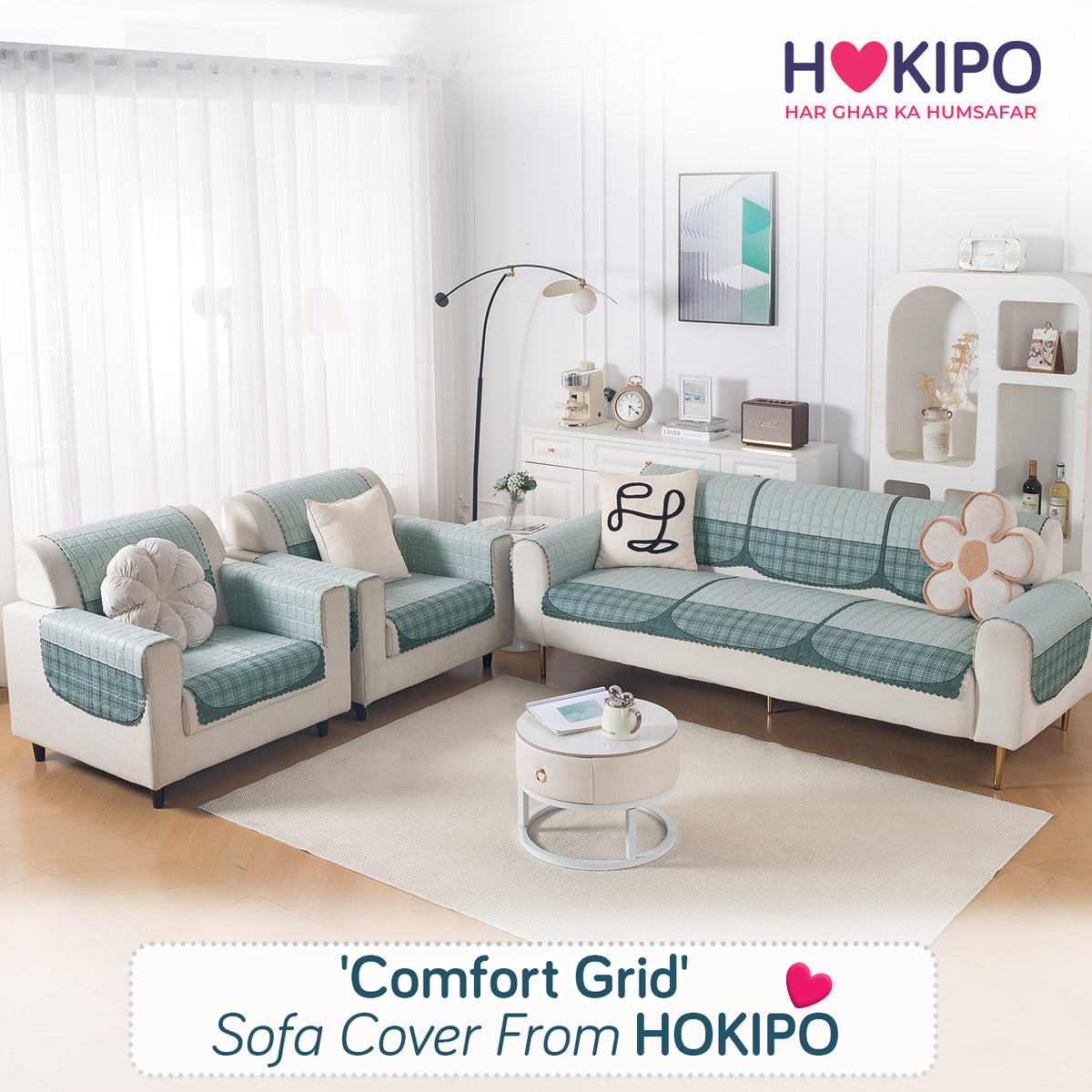 'Comfort Grid Series' Premium Quilted 5 (3+1+1) Seater Sofa Cover Set with Foam Filling | Gentle Blue