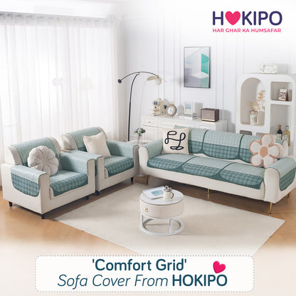 'Comfort Grid Series' Premium Quilted 5 (3+1+1) Seater Sofa Cover Set with Foam Filling | Gentle Blue