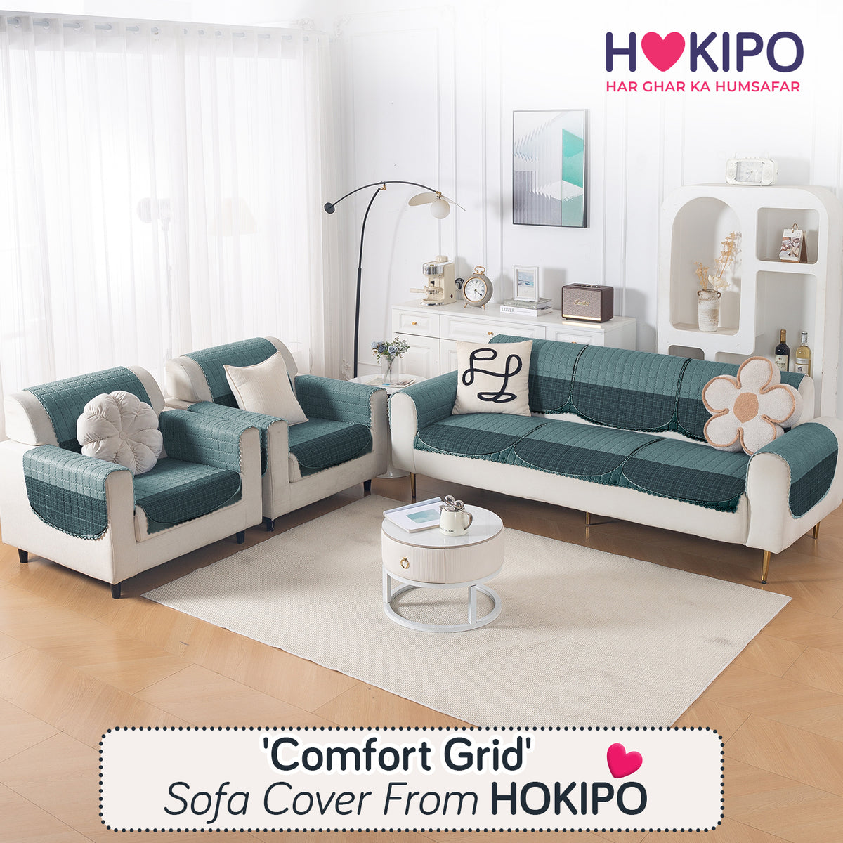 'Comfort Grid Series' Premium Quilted 5 (3+1+1) Seater Sofa Cover Set with Foam Filling | Oriental Blue