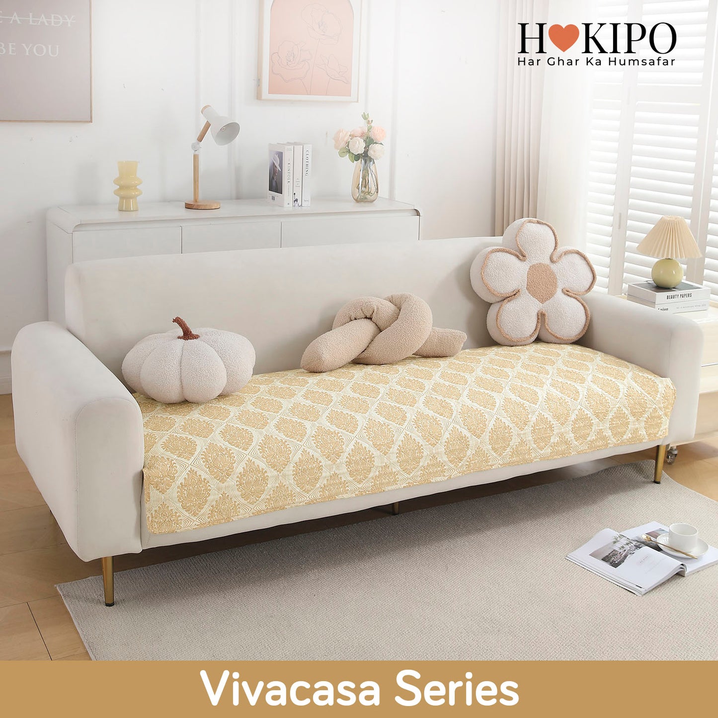 Polyester Printed Quilted Sofa Cover Mats, Ogee Ivory