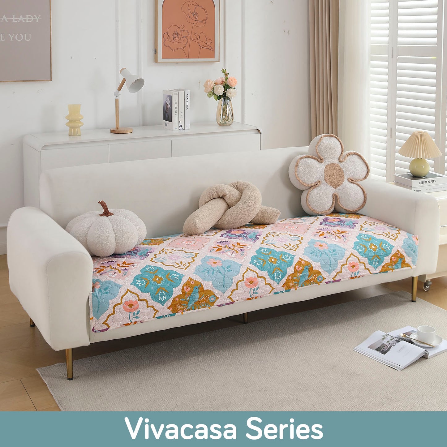 Polyester Printed Quilted Sofa Cover Mats, Quatrefoil Multicolor