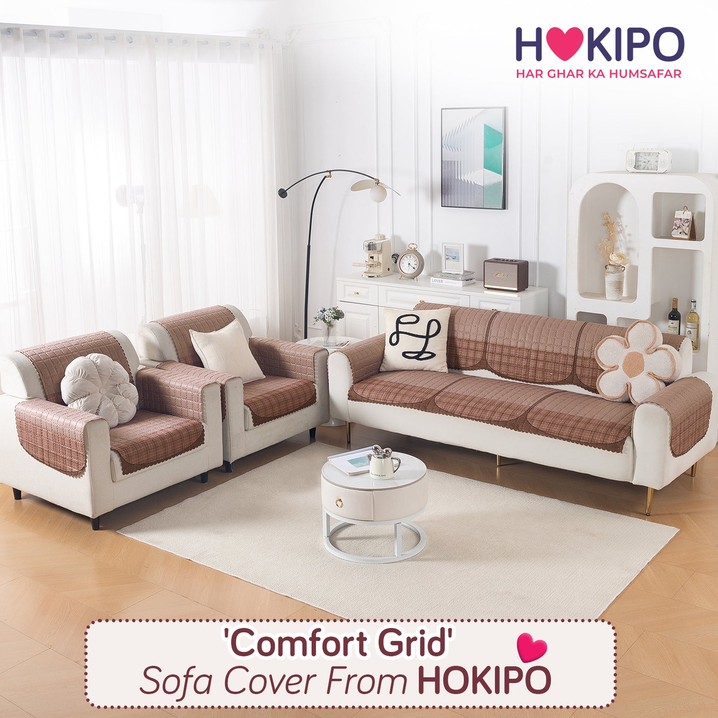 Premium Quilted 5 (3+1+1) Seater Sofa Cover Set with Foam Filling | 'Comfort Grid', Rose Taupe