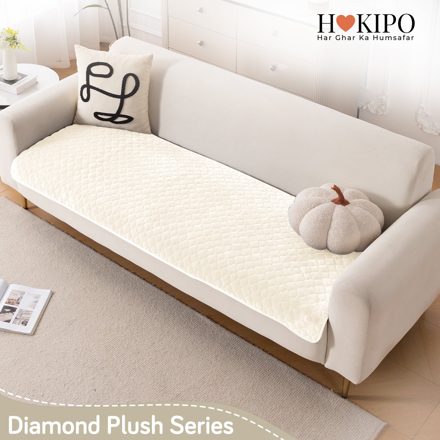 Diamond Plush Pebble Quilted Sofa Cover Mat, Cream