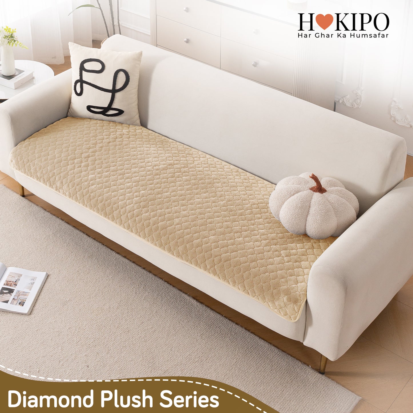 Diamond Plush Pebble Quilted Sofa Cover Mat, Beige