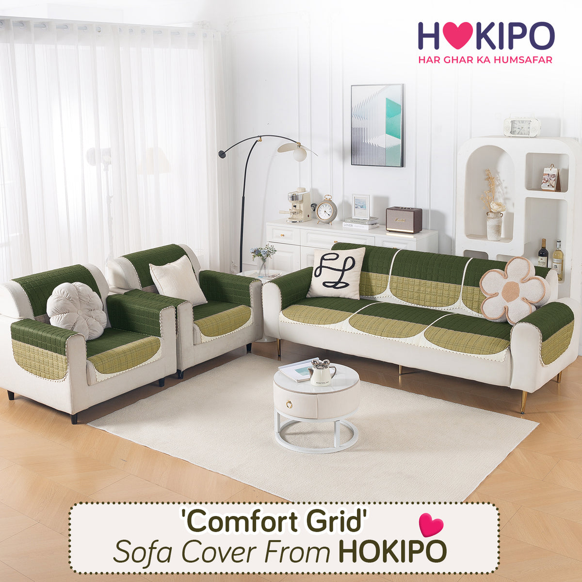 'Comfort Grid Series' Premium Quilted 5 (3+1+1) Seater Sofa Cover Set with Foam Filling | Dark Olive Green