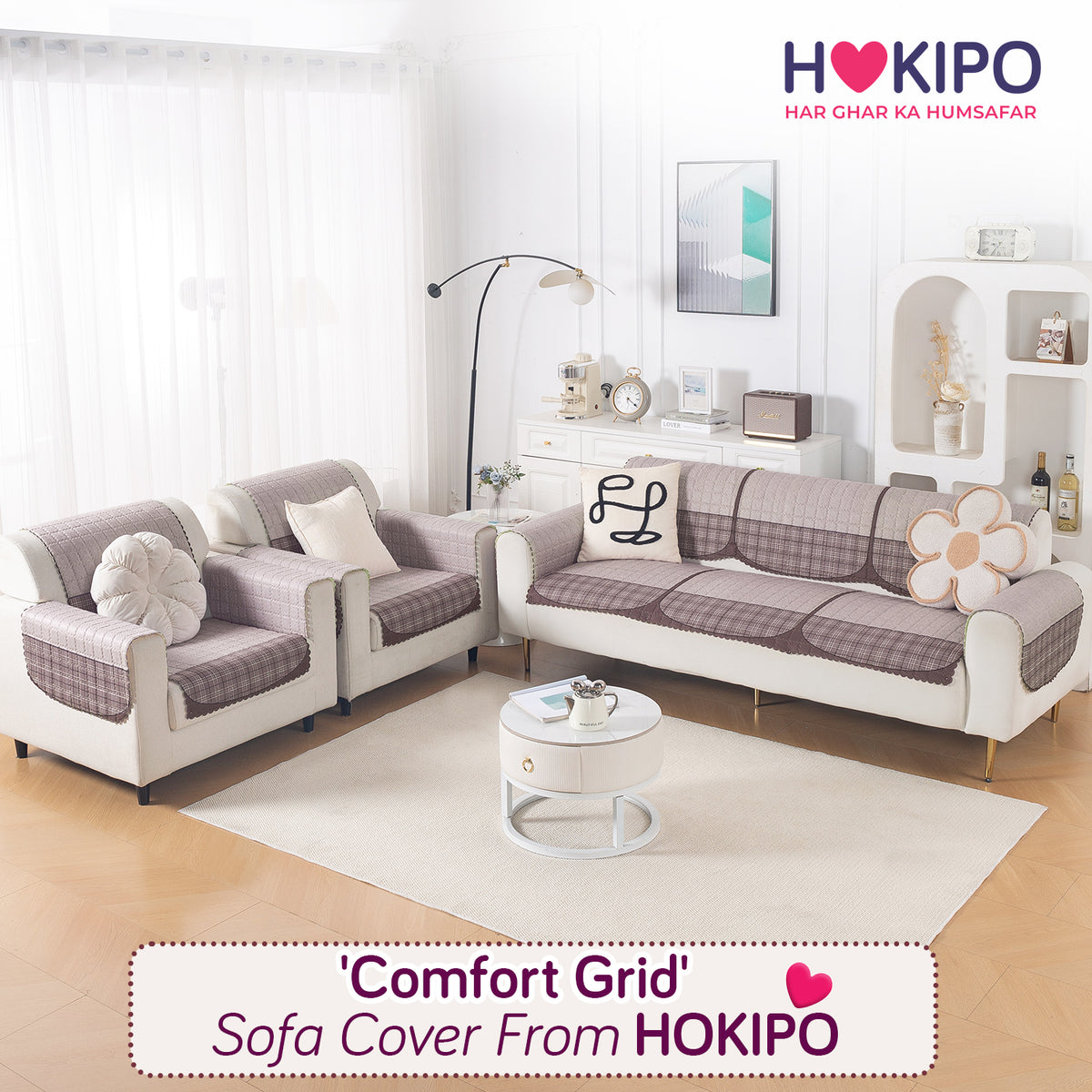 'Comfort Grid Series' Premium Quilted 5 (3+1+1) Seater Sofa Cover Set with Foam Filling | Plum