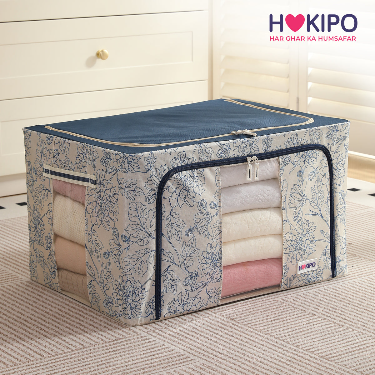 Foldable Cloth Storage Organizer for Wardrobe, Blue Blossom