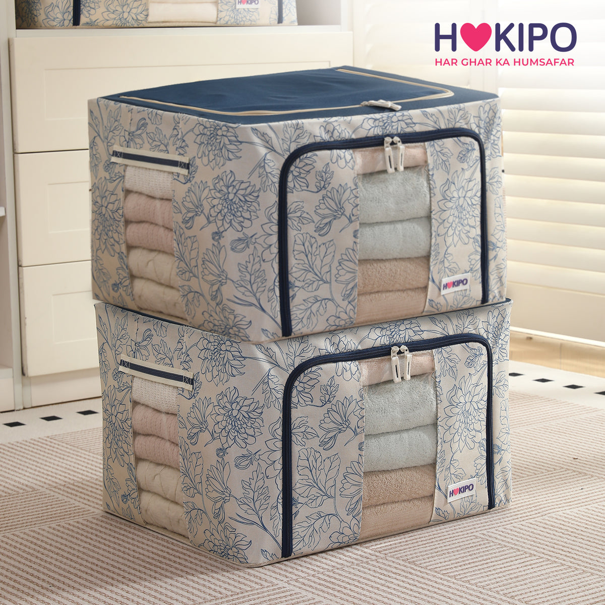 Foldable Cloth Storage Organizer for Wardrobe, Blue Blossom