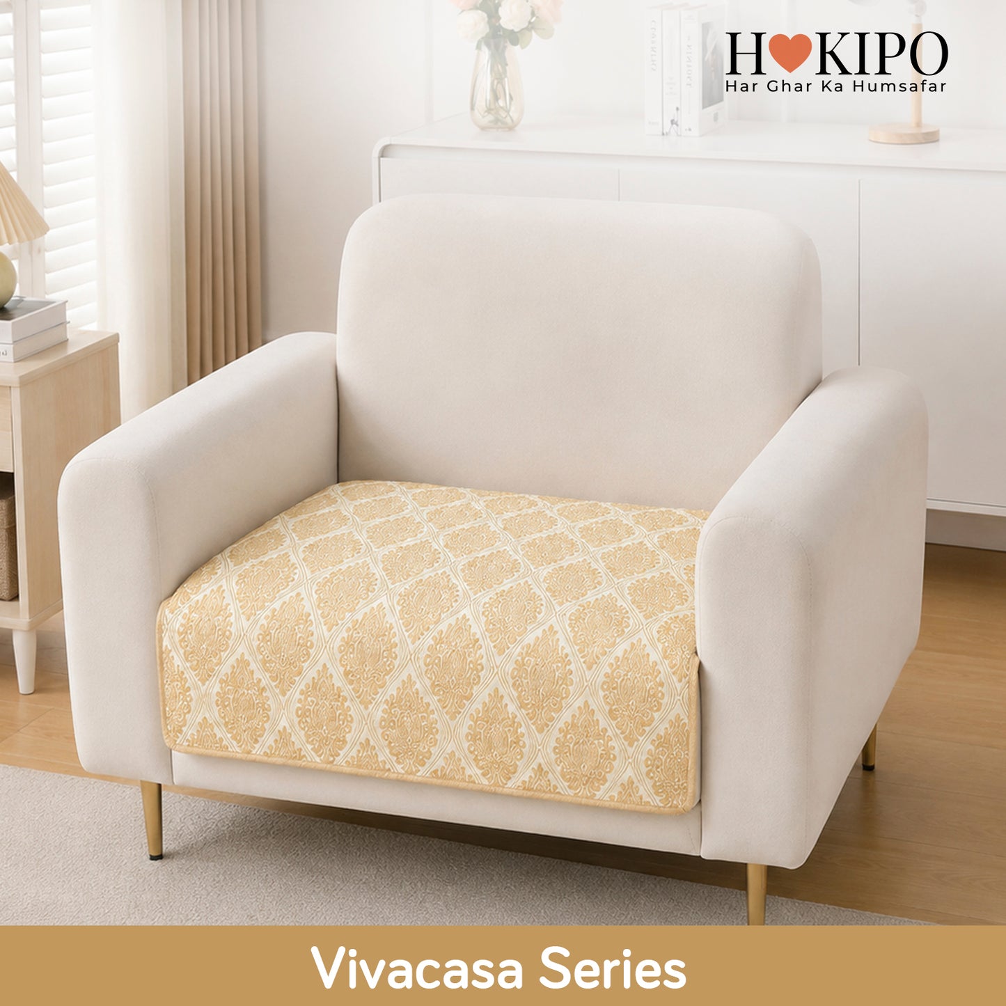 Polyester Printed Quilted Sofa Cover Mats, Ogee Ivory