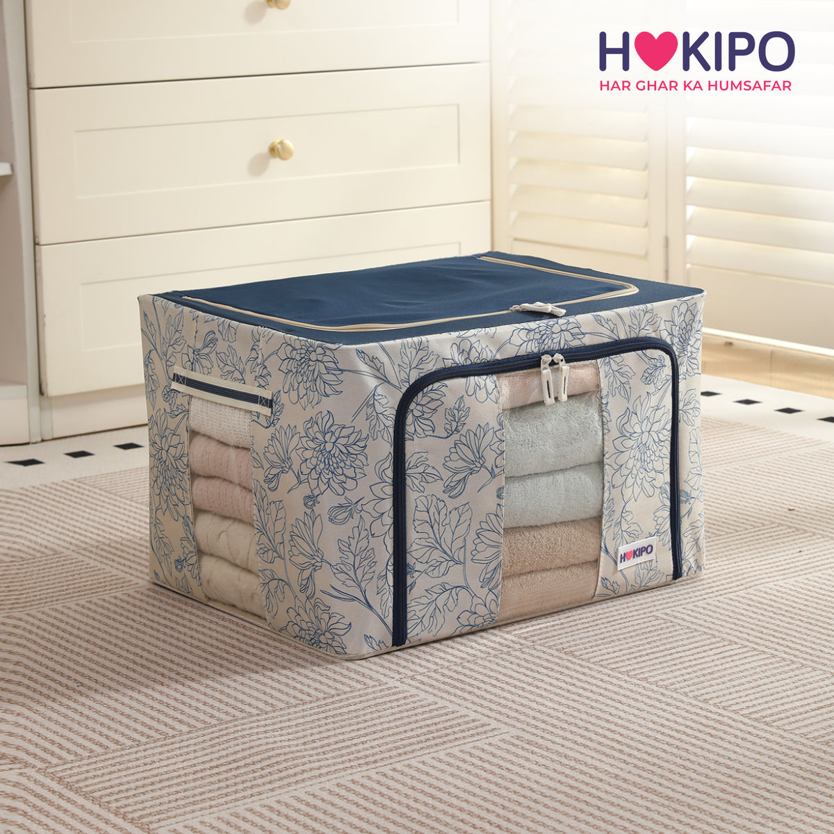 Foldable Cloth Storage Organizer for Wardrobe, Blue Blossom